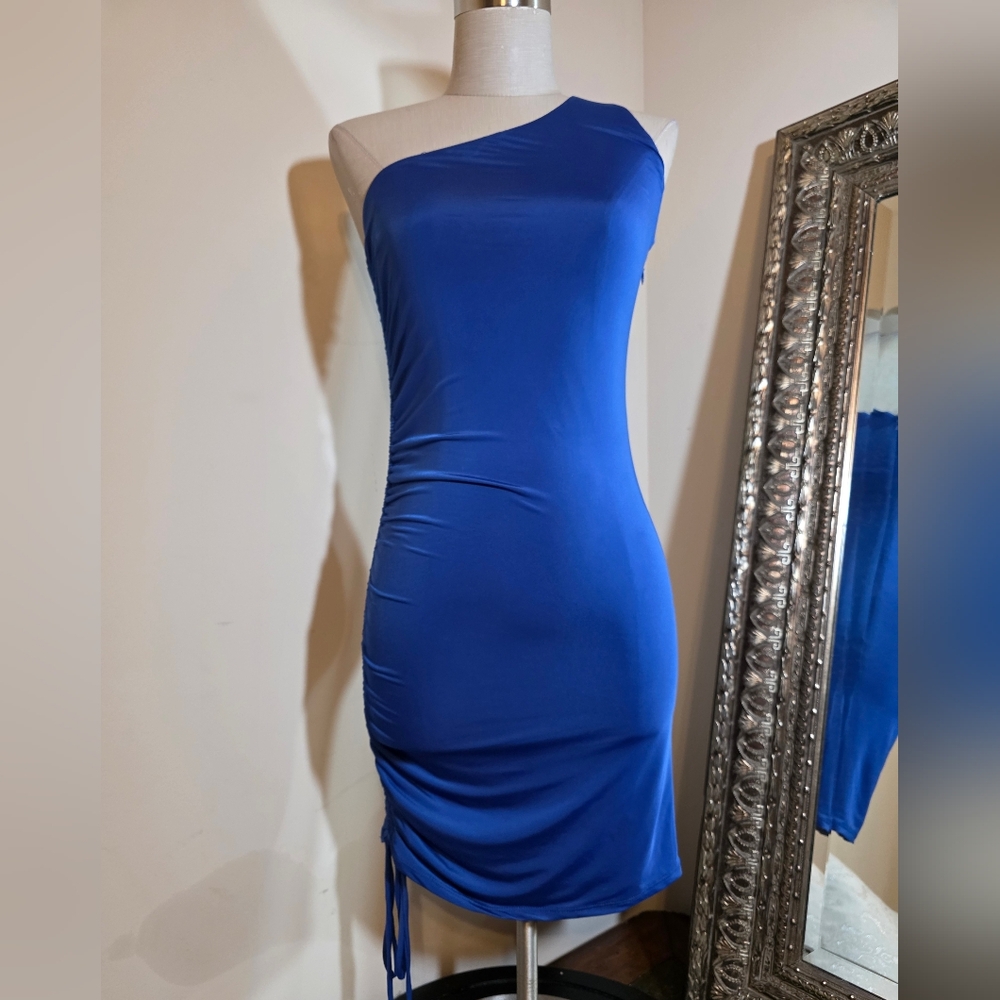 Versona Royal Blue Ruched One Shoulder Bodycon Mini Dress. EUC. Sz XS